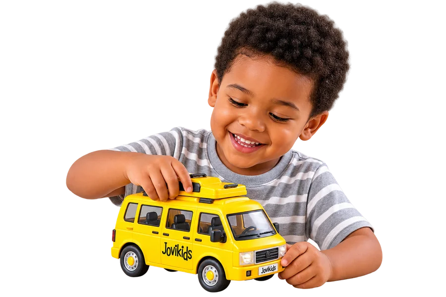 A boy playing with a Jovikids toy van
